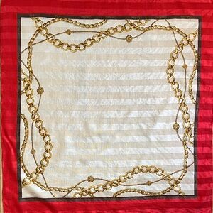 VTG Carlos Falchi Silk Cream Striped Red Border Scarf - Sizes 21.5”x22.5”